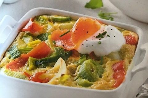 Clafoutis salés aux poireaux, saumon fumé et lait de coco