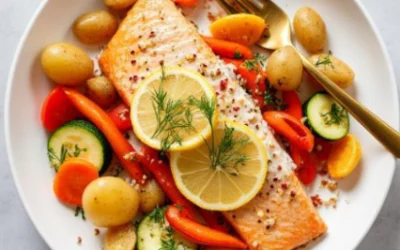 Roasted salmon with lemon and colorful vegetables