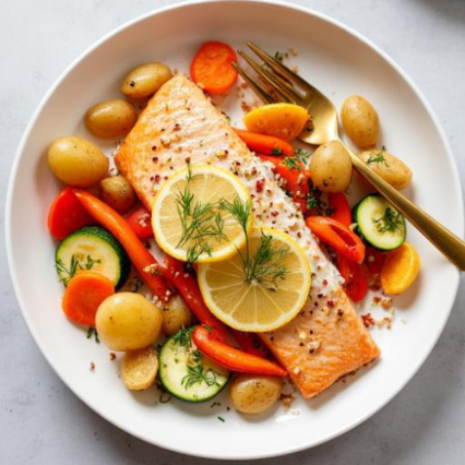Roasted salmon with lemon and colorful vegetables
