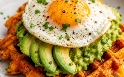 Gaufre de patate douce, fromage, avocat et œuf