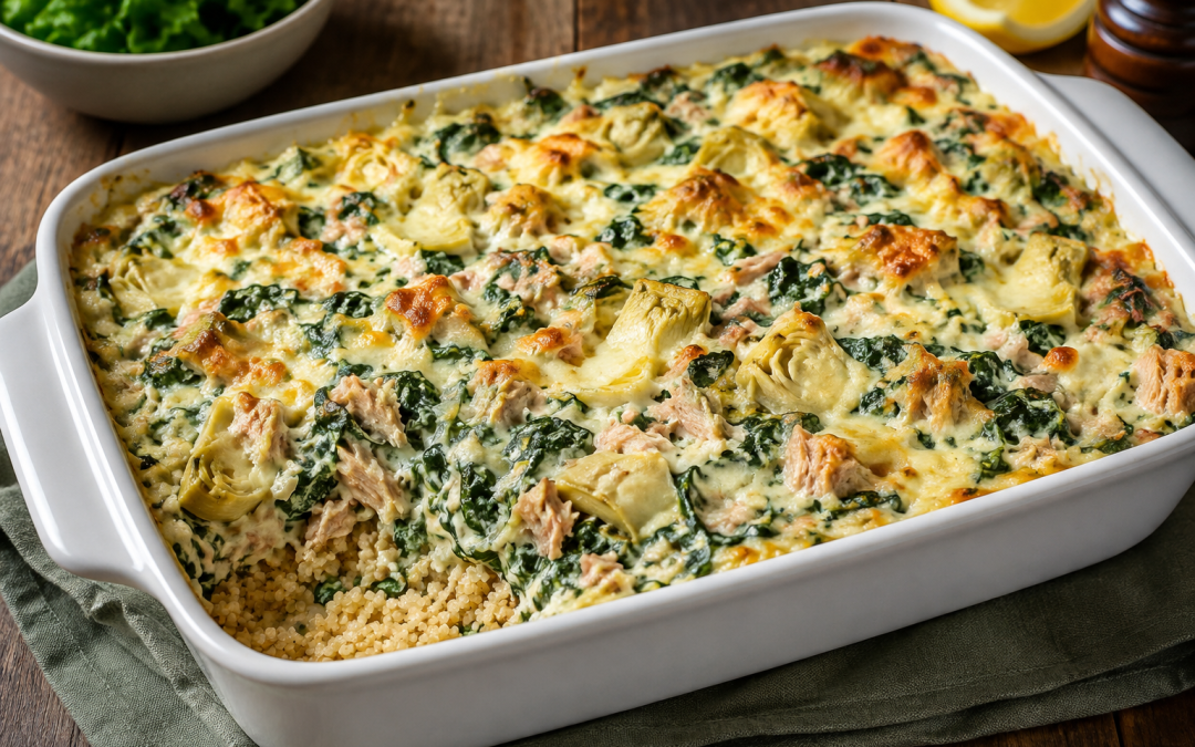 Gratin de thon et d’artichauts, sauce crémeuse aux épinards sur lit de quinoa