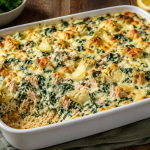 Gratin de thon et d’artichauts, sauce crémeuse aux épinards sur lit de quinoa
